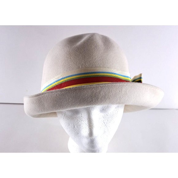 Women's Vintage Adolfo Realites Hat Bowler White Felt Striped Rainbow Brim Bow S - Picture 3 of 10